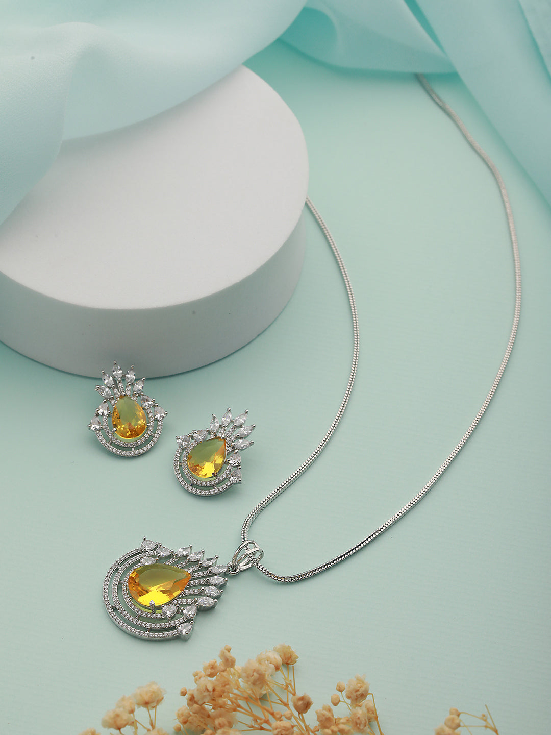 Silver Plated Yellow Citrine CZ Studded Designer Locket Jewellery set